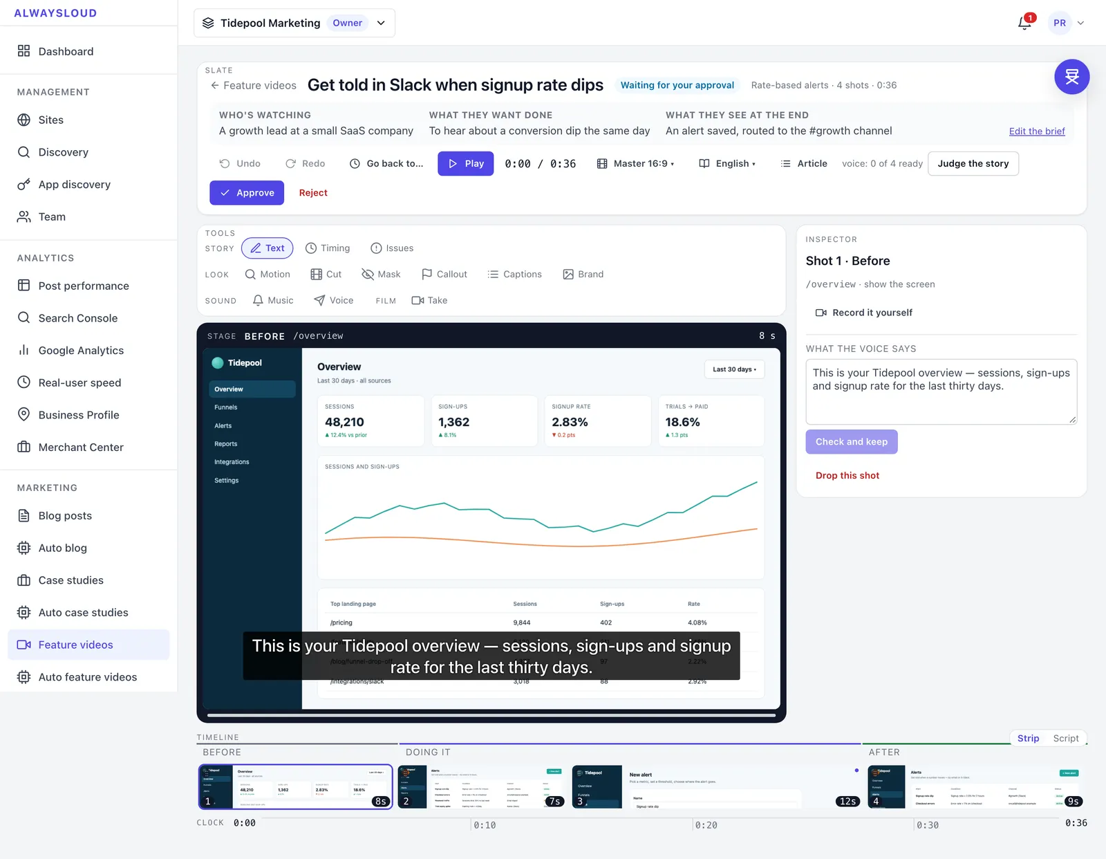 Video storyboard studio with stage, inspector and shot timeline
