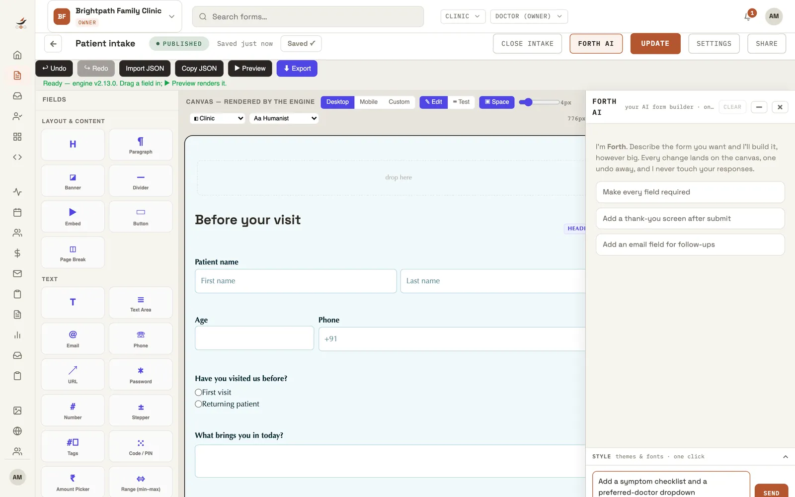Form editor with the Forth AI drawer open on the right showing suggested prompts and a message box.