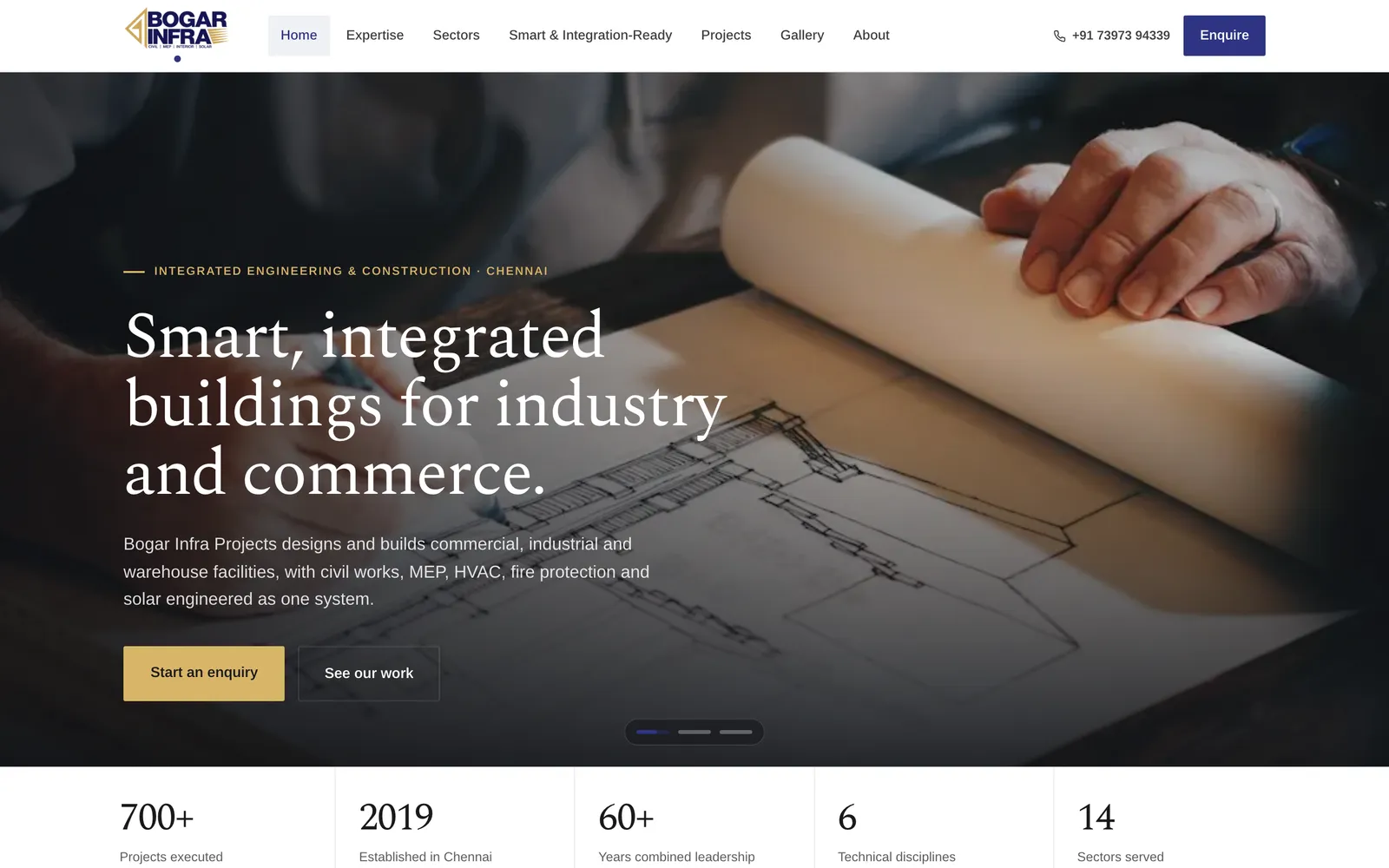 BogarInfra home page hero on desktop