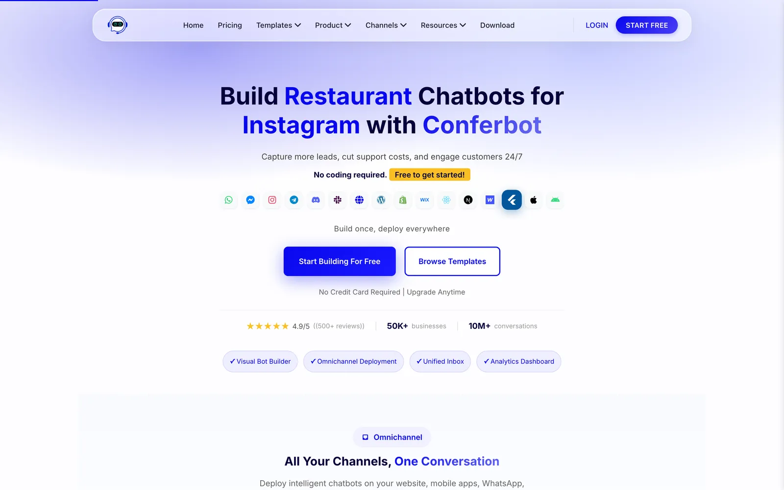 ConferBot home page hero with the headline about building chatbots, channel icons and Start Building For Free button
