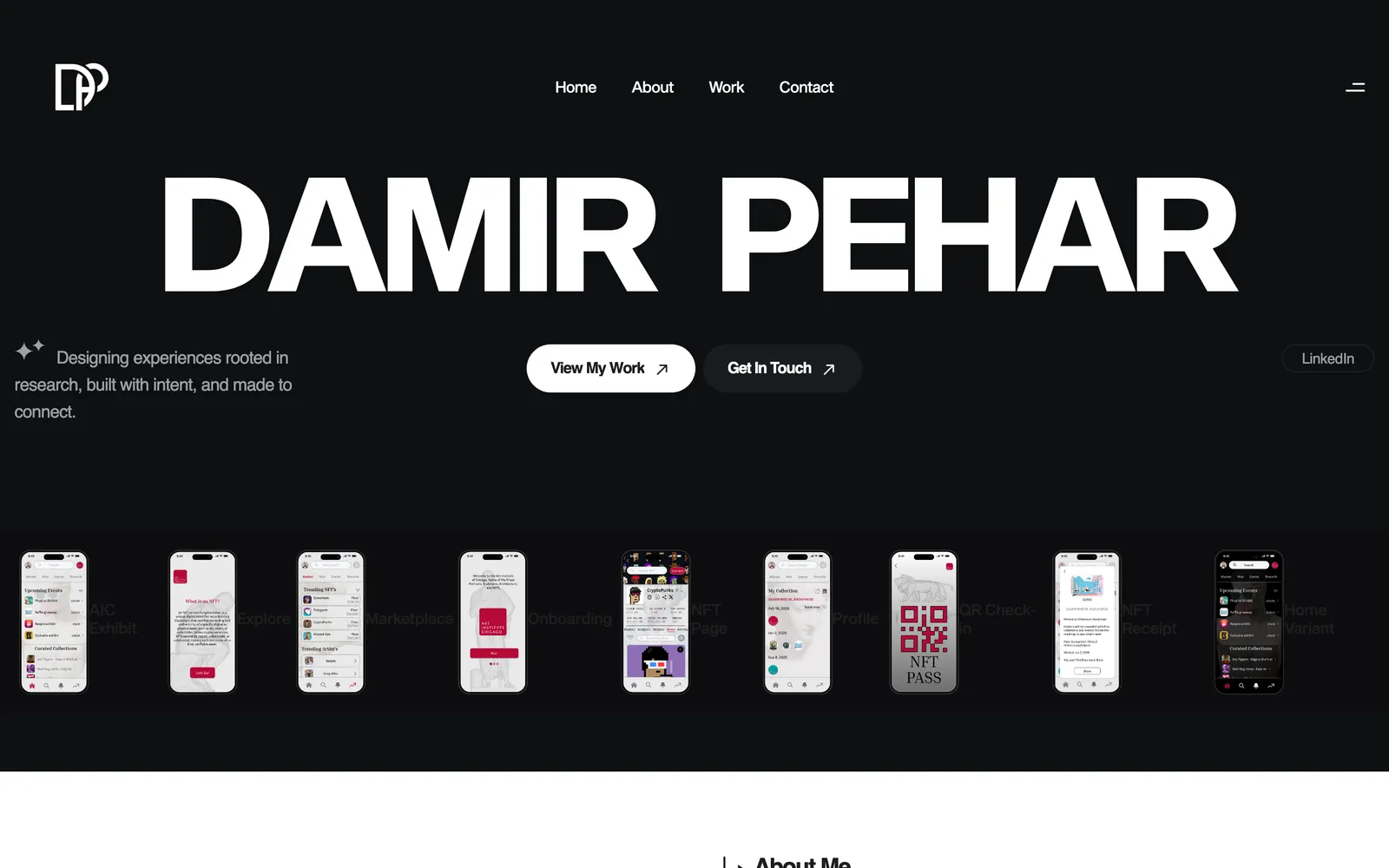 Black home page with 'DAMIR PEHAR' in huge white type, View My Work and Get In Touch buttons and a row of phone screen mock-ups.