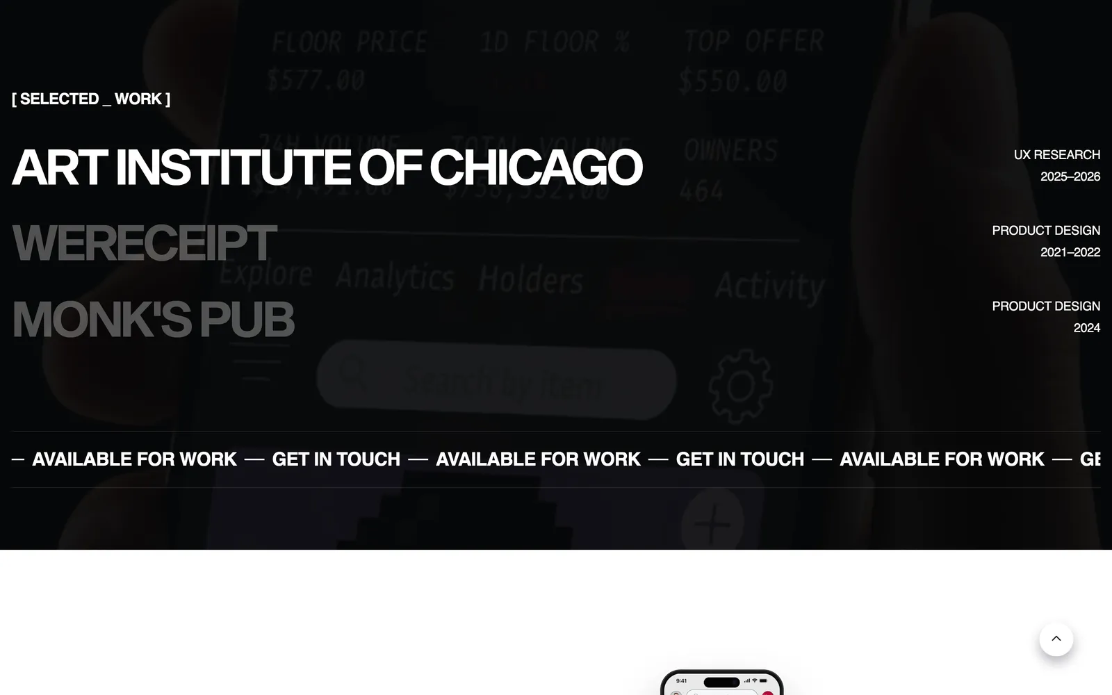 Dark section listing ART INSTITUTE OF CHICAGO, WERECEIPT and MONK'S PUB in large type with role and year labels on the right.