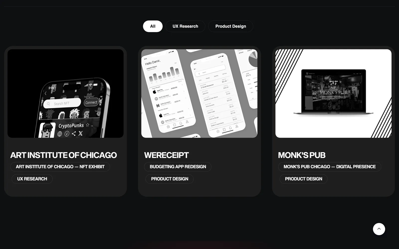 Work page with All / UX Research / Product Design filter pills and three project cards showing phone and laptop mock-ups.