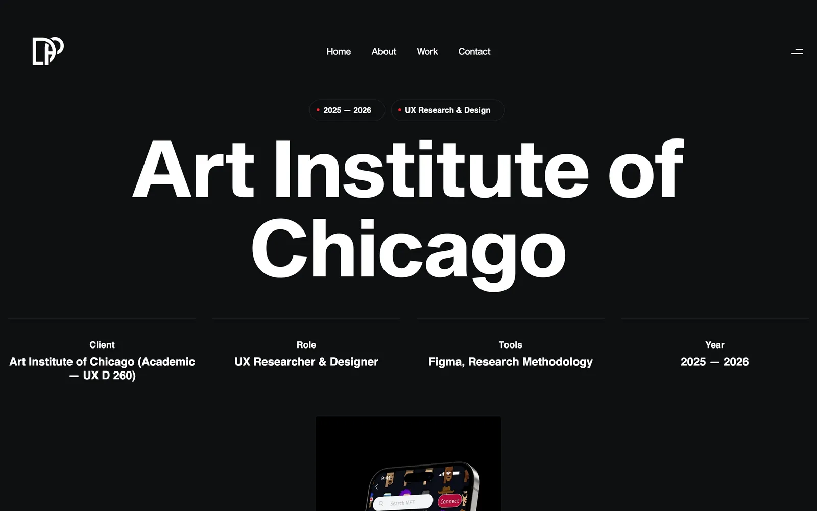 Case study hero titled 'Art Institute of Chicago' with year and discipline pills, a client / role / tools / year row and the top of a phone mock-up.