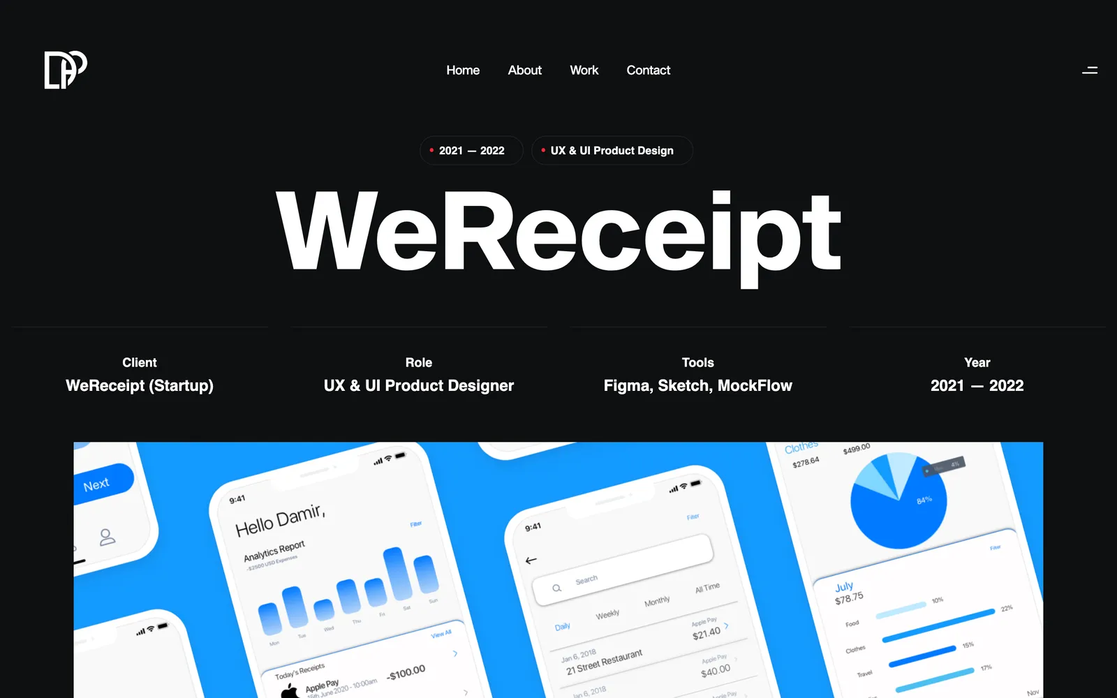 Case study hero titled 'WeReceipt' with a client / role / tools / year row above a blue banner of tilted app screens showing spending analytics.