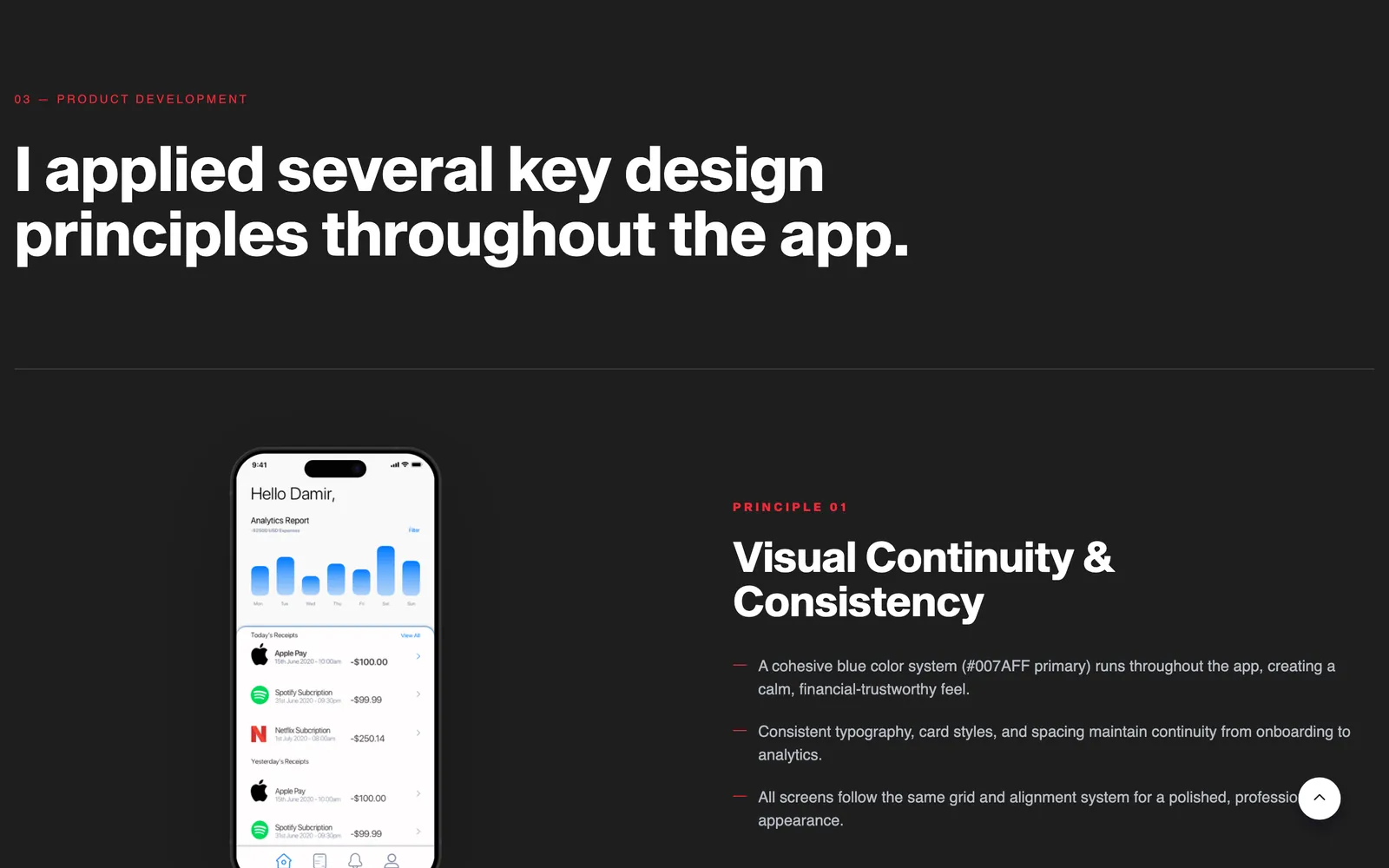 Section headed 'I applied several key design principles throughout the app' with annotated app screens.