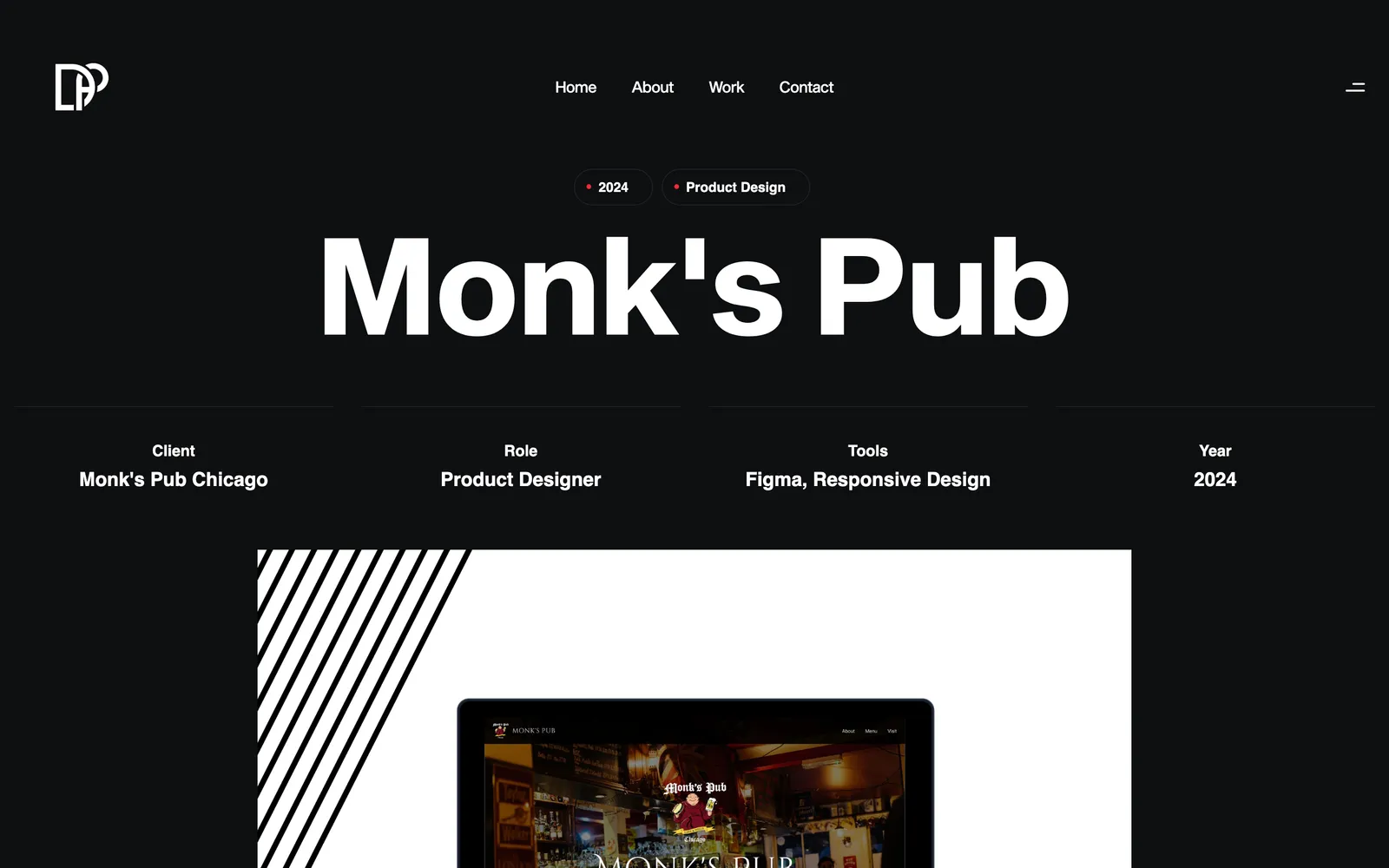 Case study hero titled 'Monk's Pub' with a client / role / tools / year row above a laptop mock-up of the redesigned pub website.