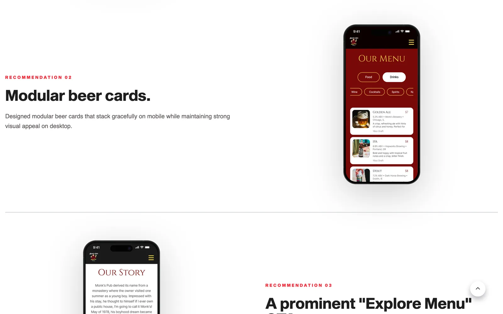 Section 'Recommendation 02, Modular beer cards' with explanatory text beside a phone mock-up of the pub's red 'Our Menu' drinks page.