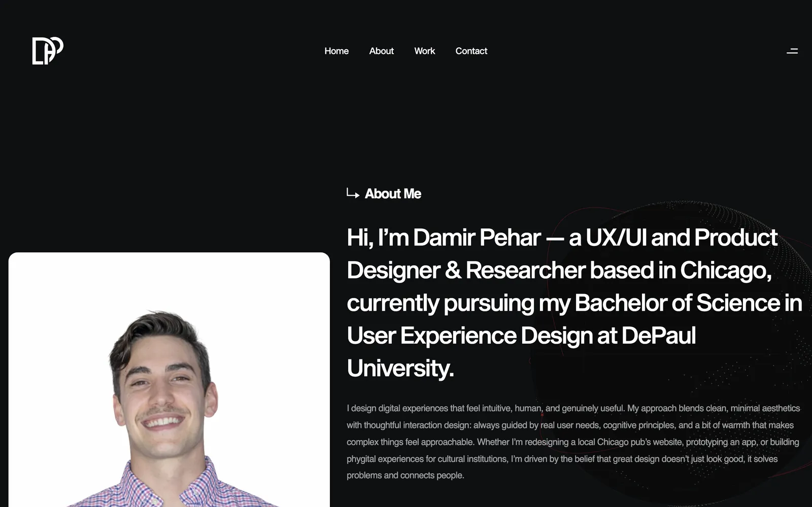 About page with a portrait photo on the left and a large introductory headline and paragraph on the right, white on black.