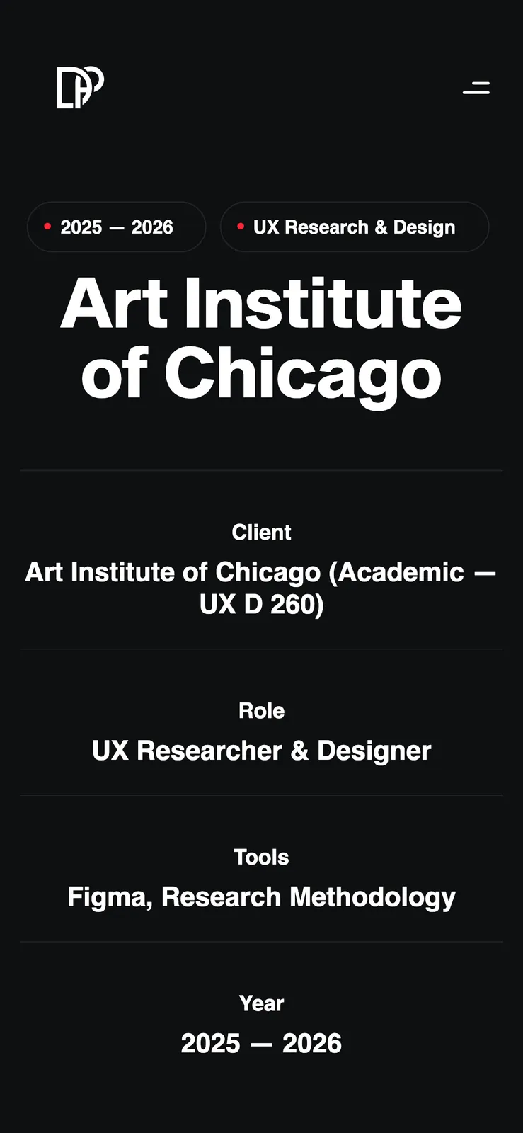 Mobile view of the Art Institute of Chicago case study hero with year and discipline pills, the title and stacked client, role, tools and year rows.