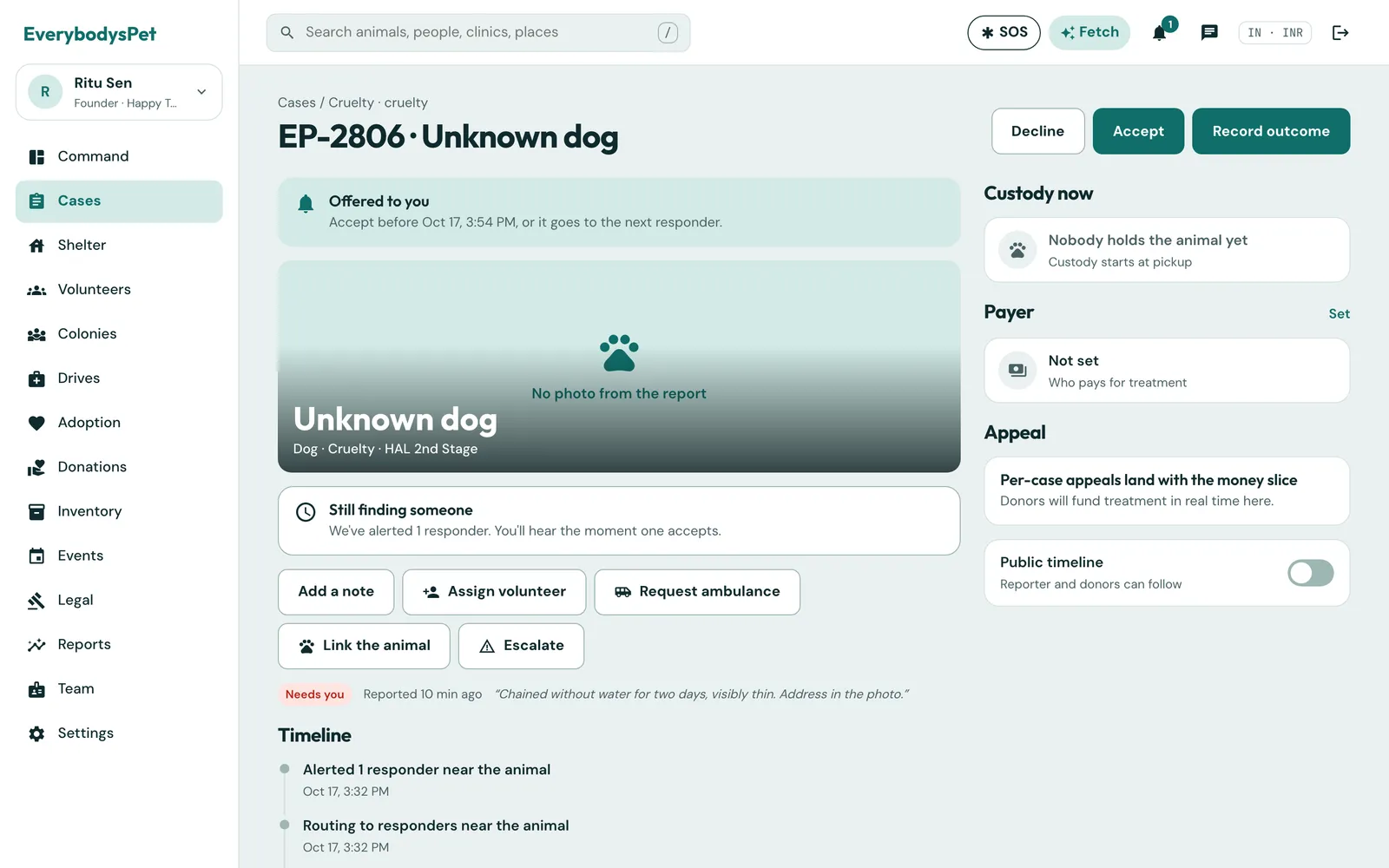 Case EP-2806 offered to the NGO with Accept and Decline buttons, dispatch status, custody, payer and timeline.