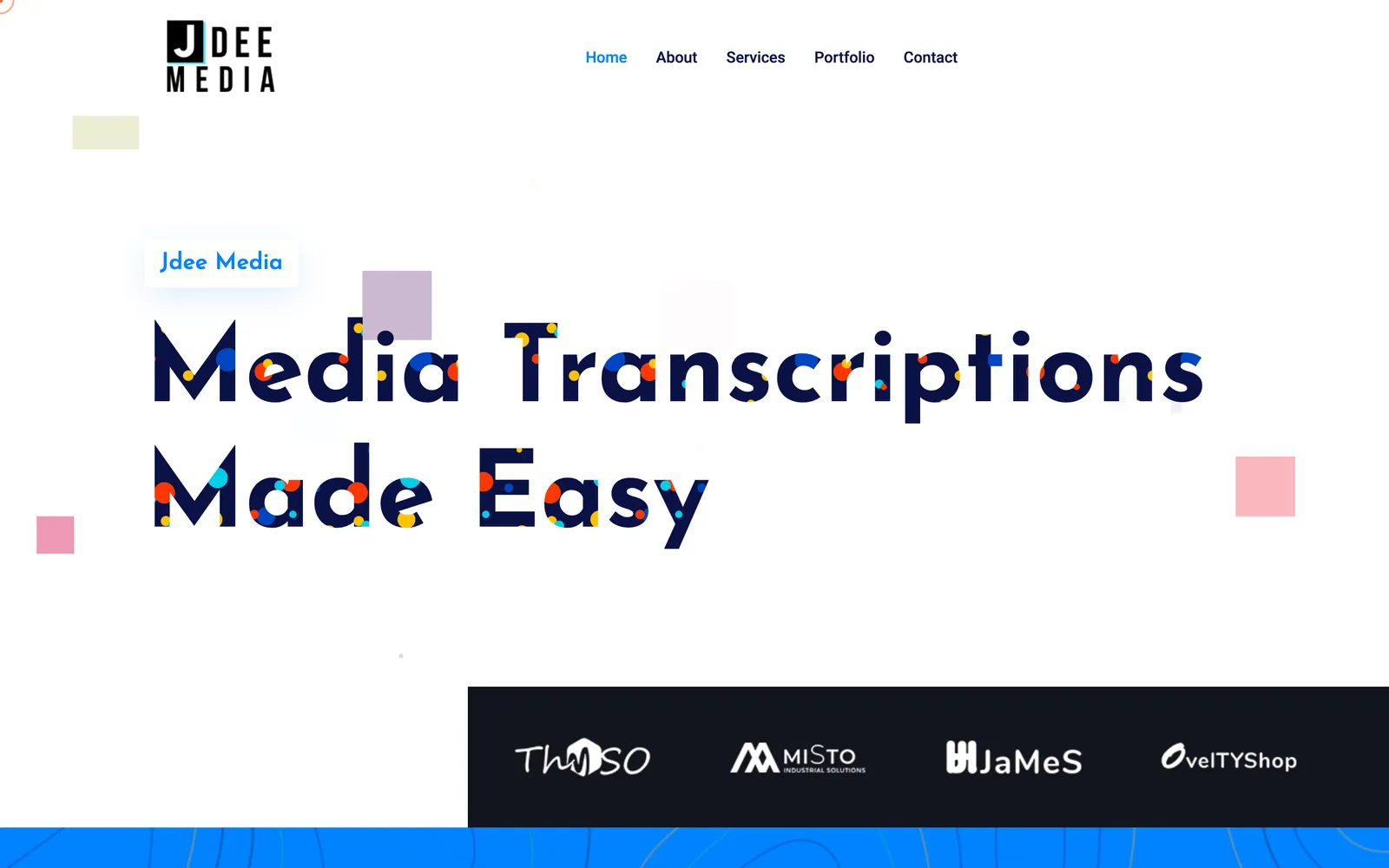 Jdee Media homepage hero reading Media Transcriptions Made Easy