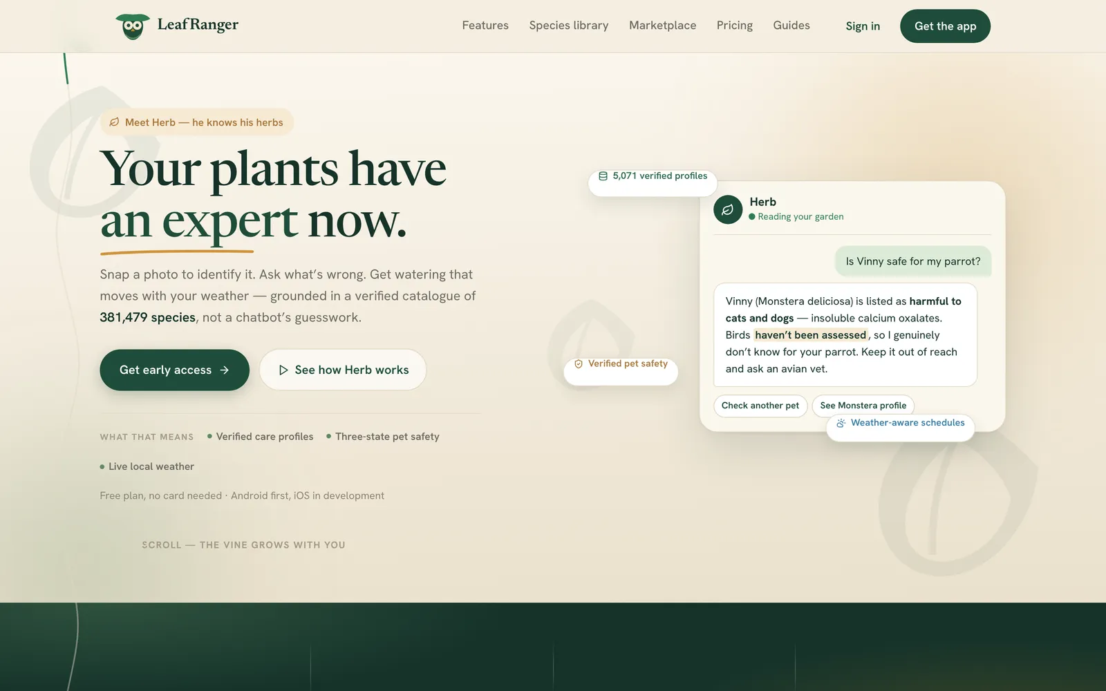 LeafRanger home page hero with headline 'Your plants have an expert now' and a Herb chat card