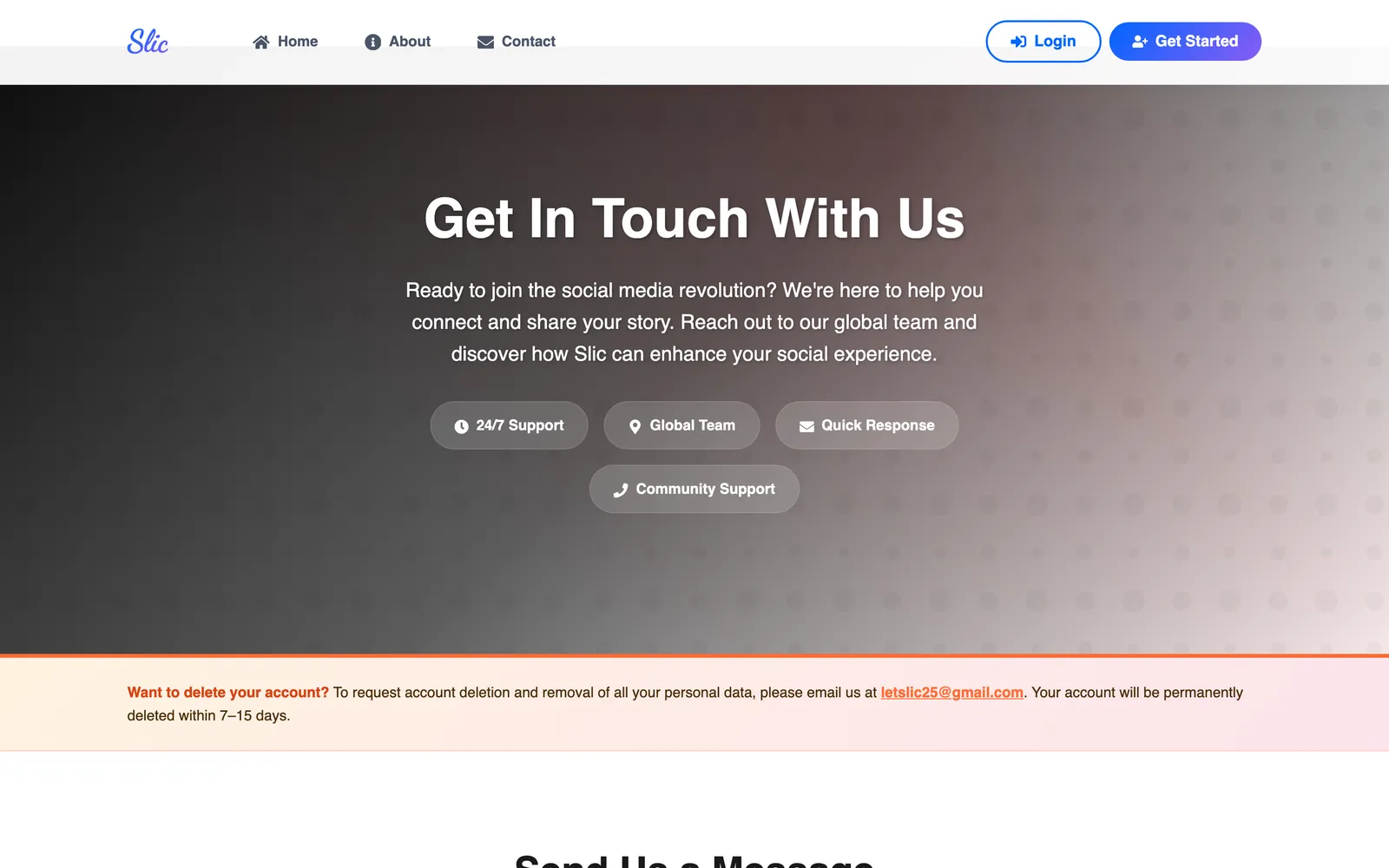 Slic contact page with the 'Want to delete your account?' notice