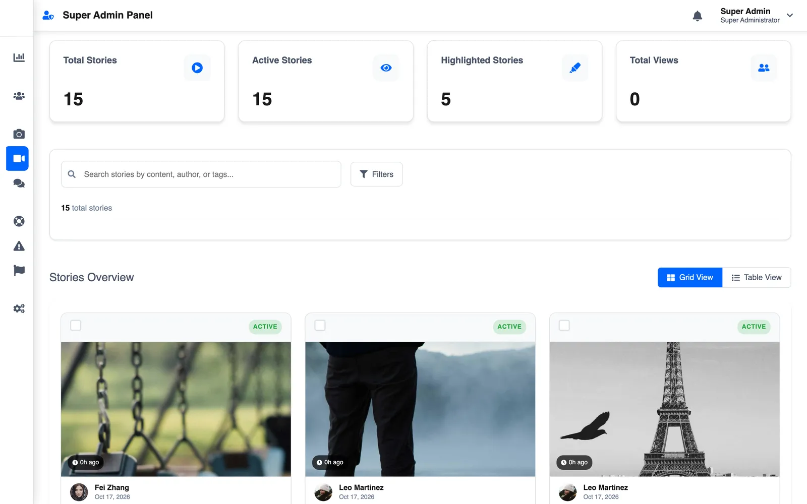 Superadmin stories grid with photo stories