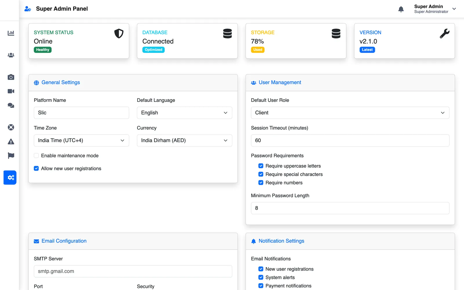 Superadmin platform settings page