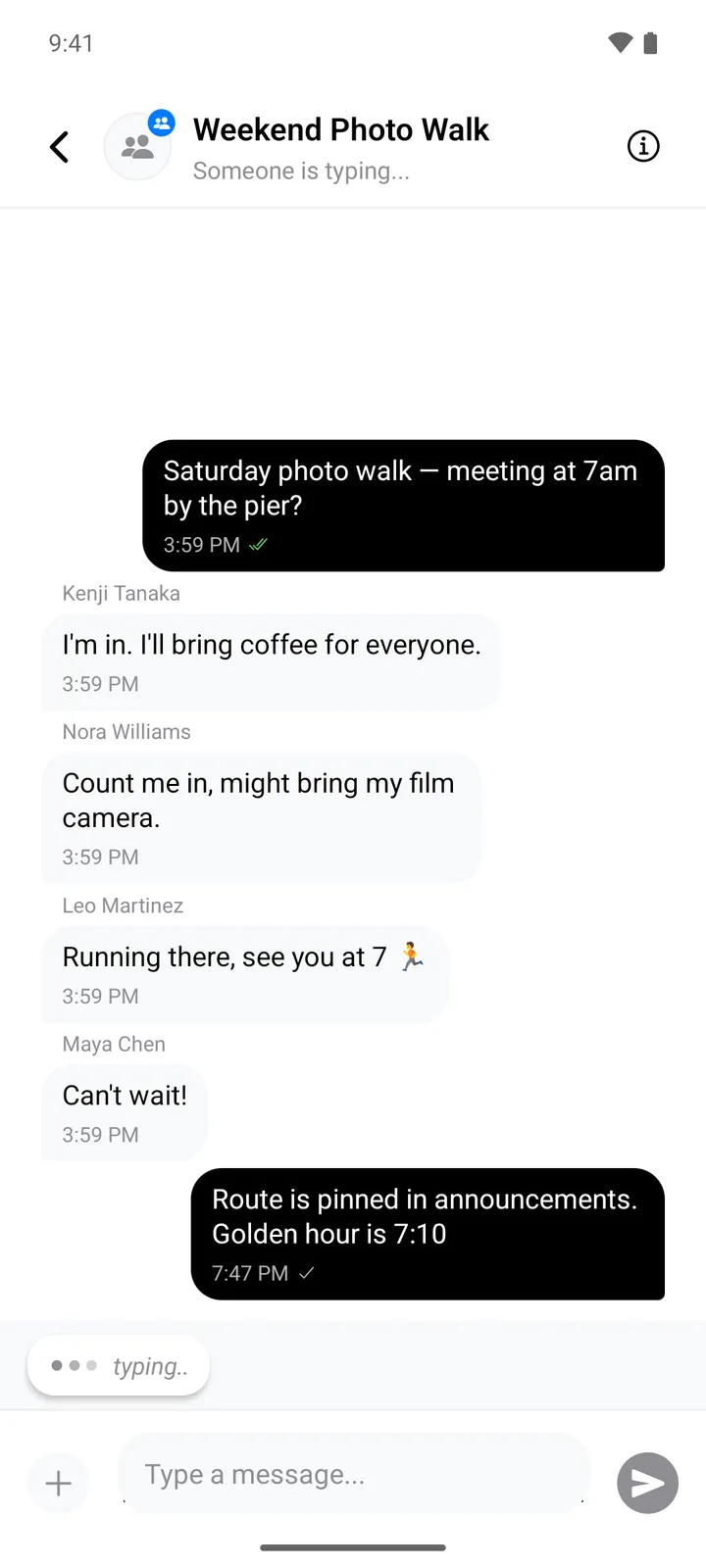 Weekend Photo Walk group thread with messages from four members, a header reading Someone is typing and a typing bubble above the composer