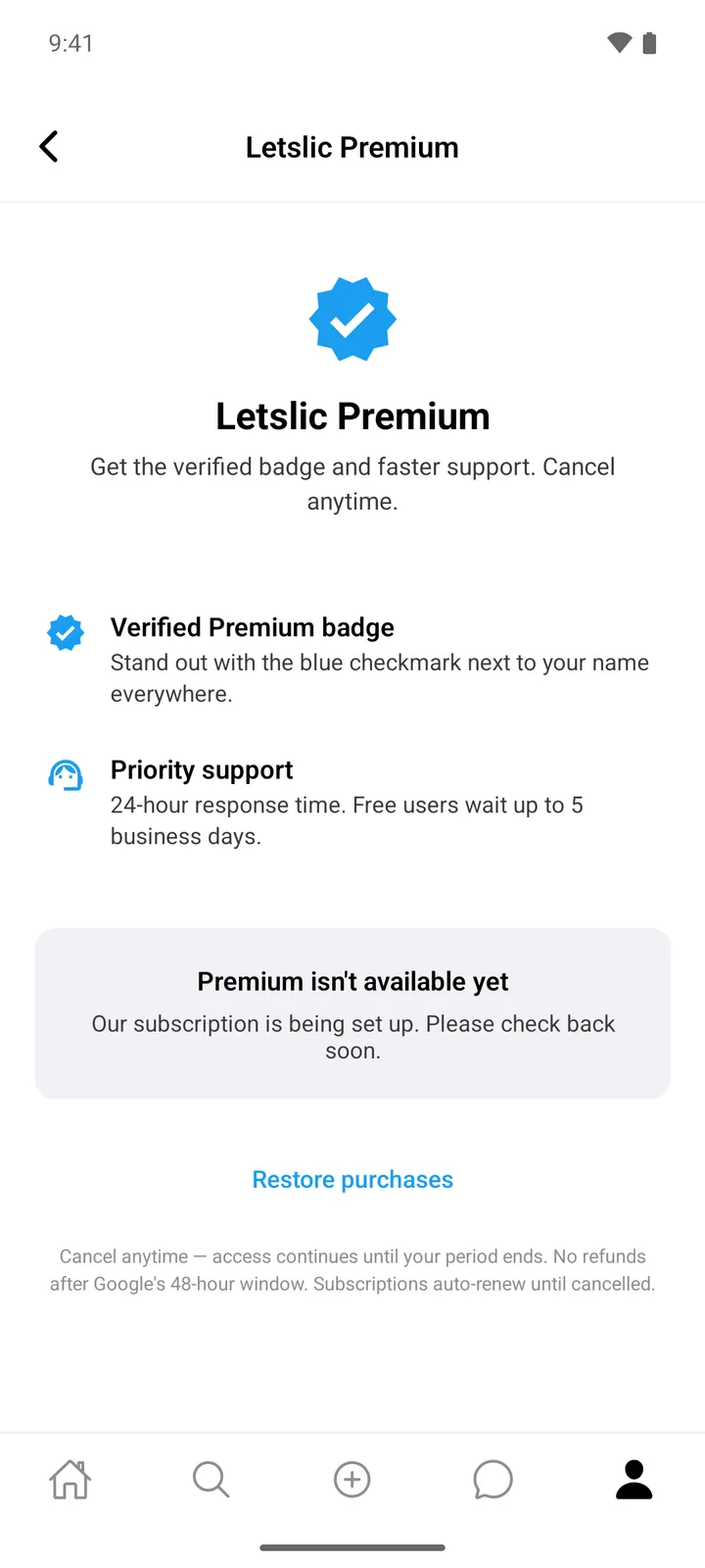 Letslic Premium screen with a verified badge icon, two perks and a card saying Premium isn't available yet, plus Restore purchases