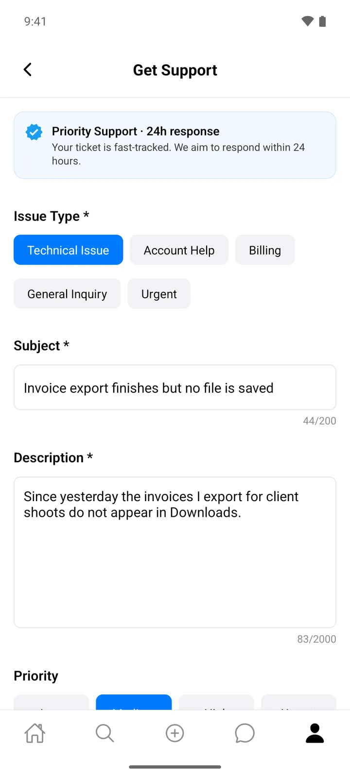 Get Support form with a Priority Support 24h response banner, issue type chips, a subject and a description filled in