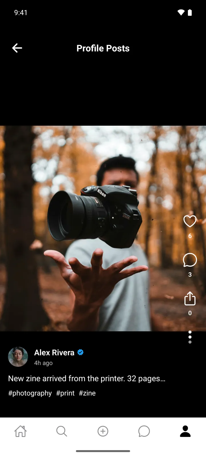 Slic Android post view of a camera tossed in the air in an autumn forest, with Alex Rivera's name, a blue verified badge, 6 likes and 3 comments