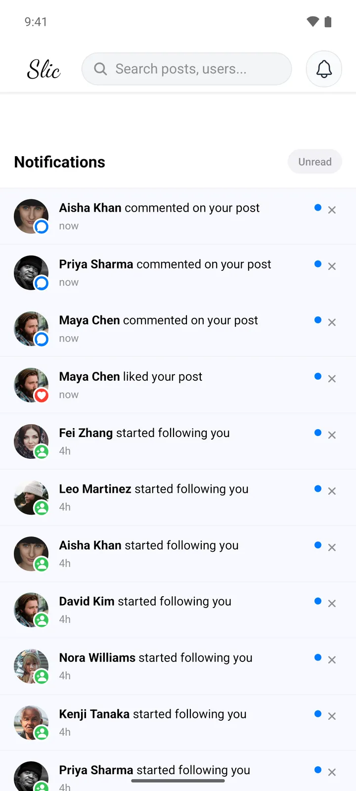 Notifications list showing three comment notifications, a like and several started following you entries with unread dots