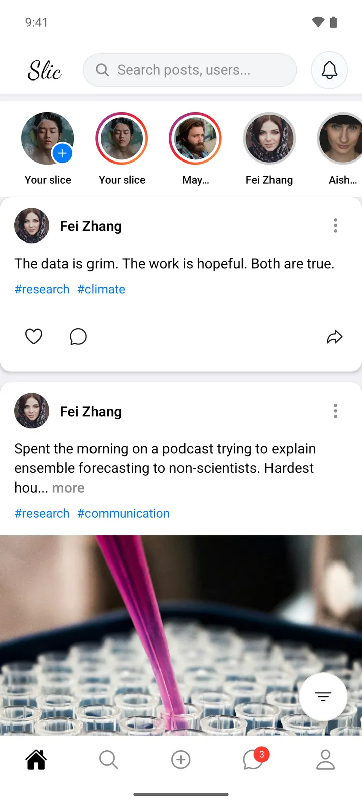 Slic home screen with search, a notifications bell, a row of story avatars and a feed of text and photo posts from Fei Zhang