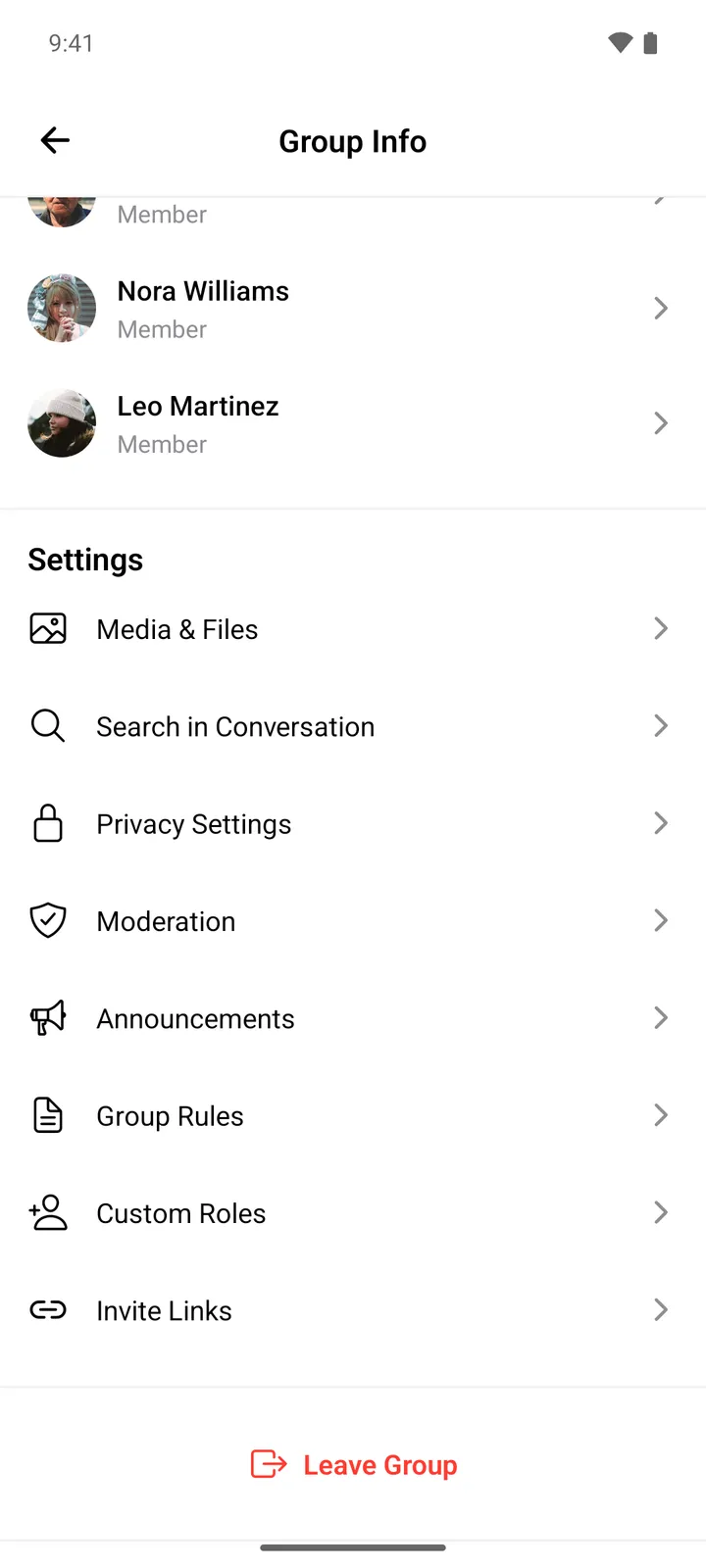 Group Info screen with members marked Member and a Settings list of Media & Files, Search, Privacy Settings, Moderation, Announcements, Group Rules, Custom Roles and Invite Links