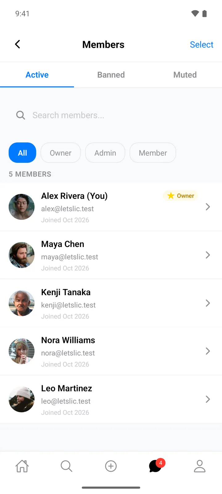 Members screen with Active, Banned and Muted tabs, Owner, Admin and Member filters, and five members with the owner badge on Alex Rivera