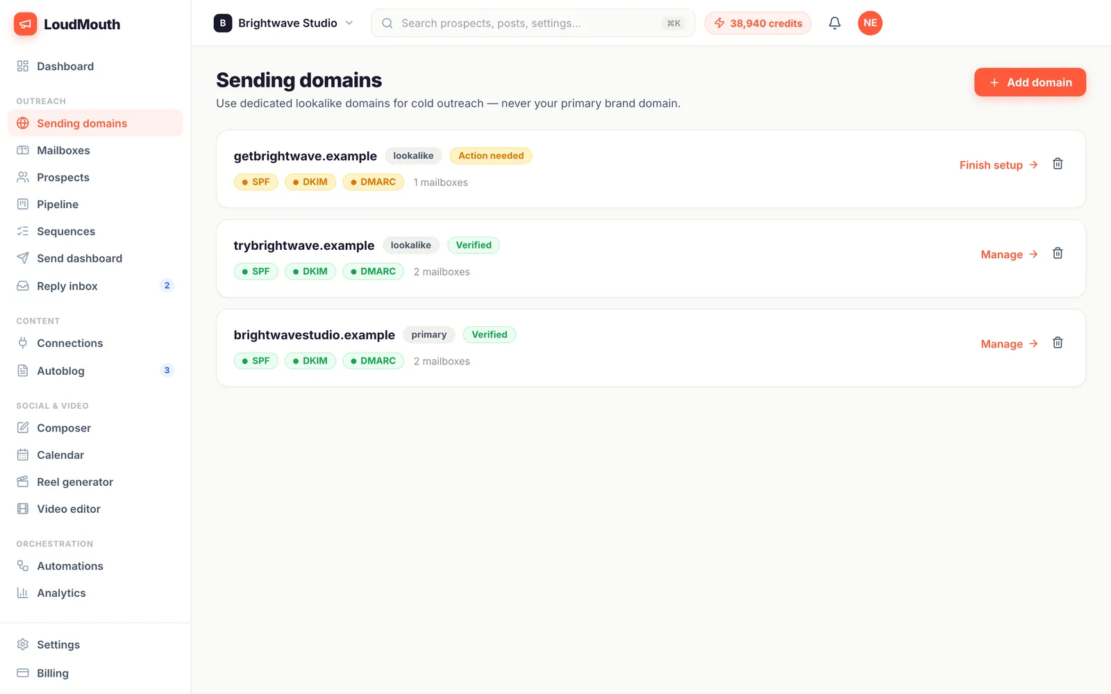 Sending domains list with verification badges and record pills