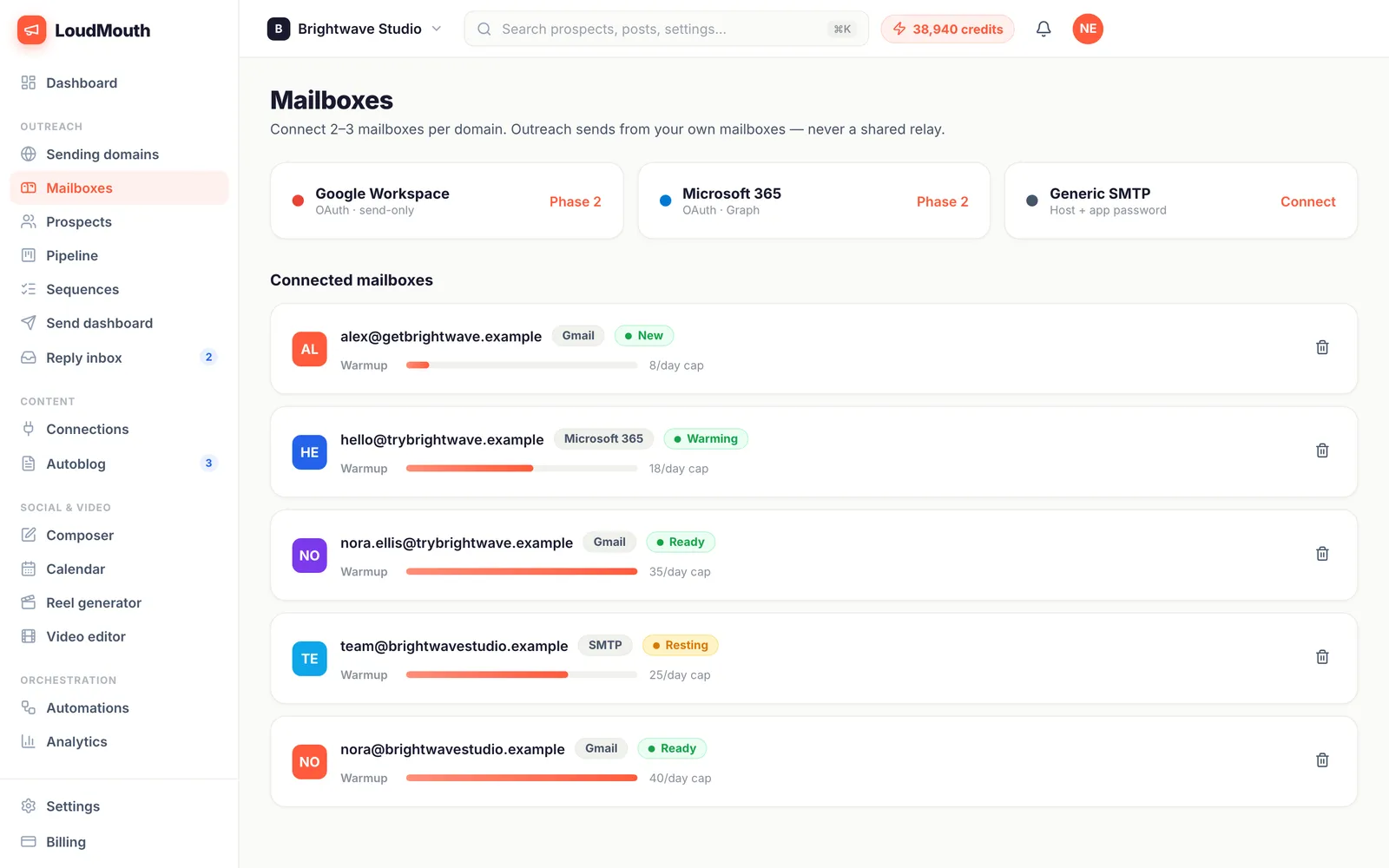 Mailboxes list with provider badges, warmup progress bars and daily caps
