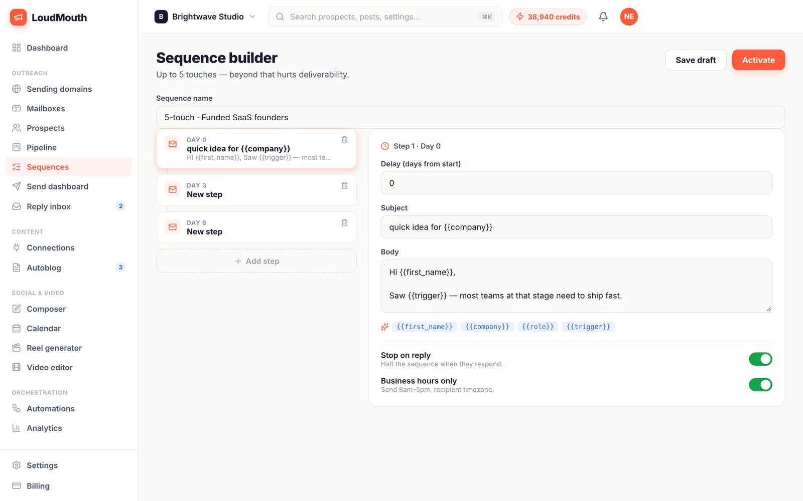 Sequence builder with steps on the left and the step editor on the right