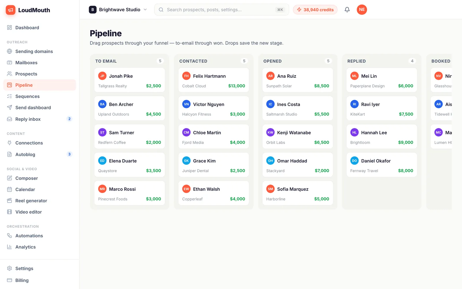 Kanban pipeline with prospect cards in stage columns