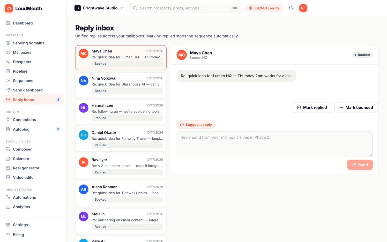 Reply inbox with a thread list and the selected conversation