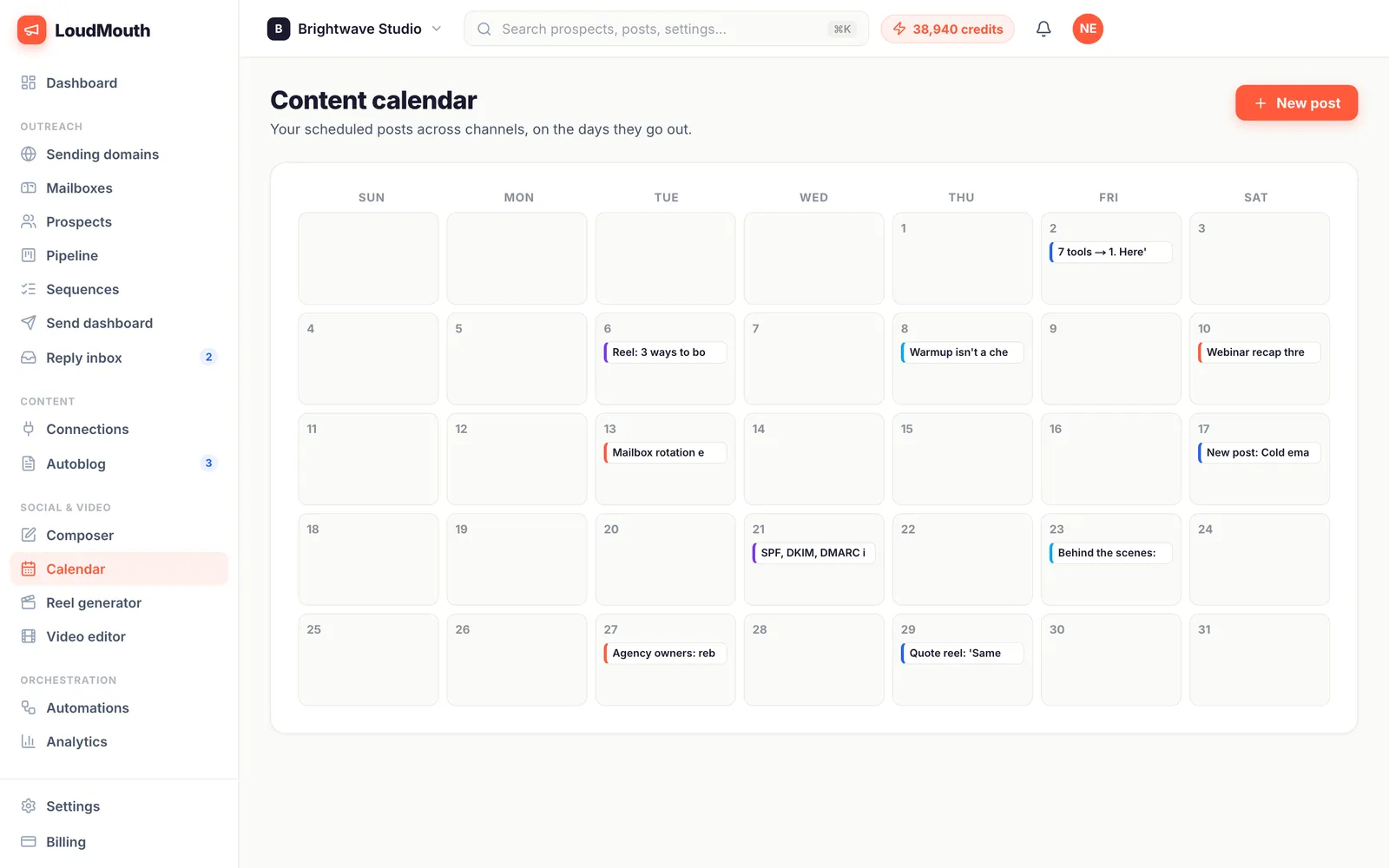 Monthly content calendar with post chips on scheduled days