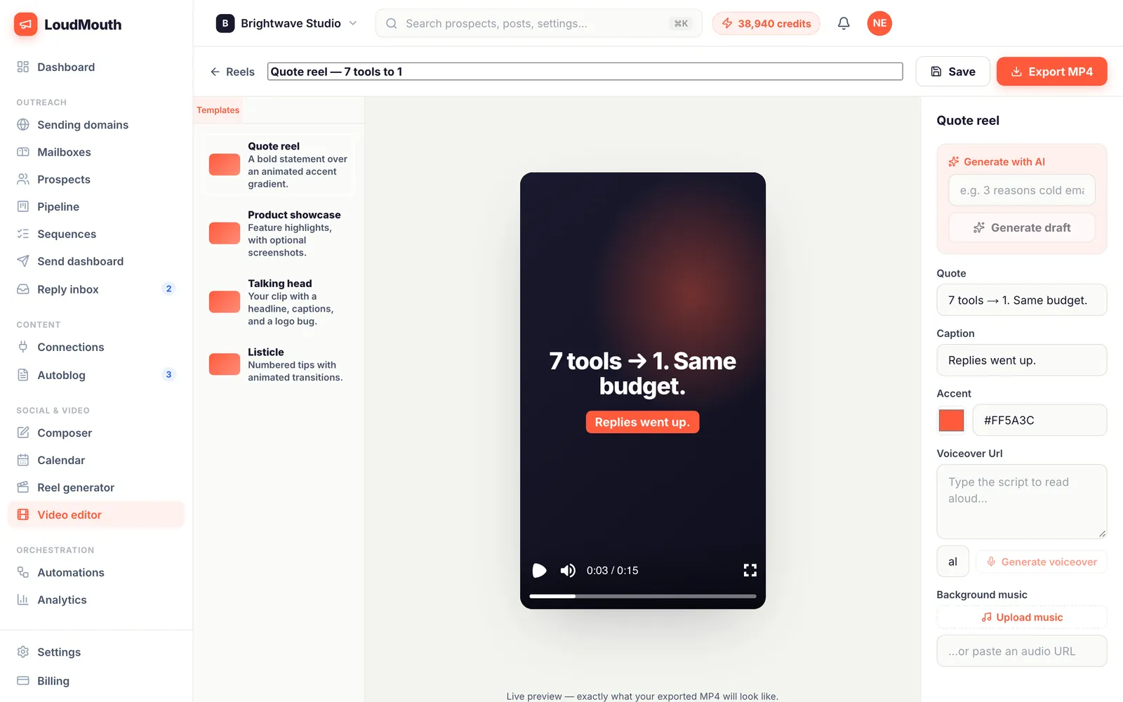 Video editor with a vertical reel preview and template fields