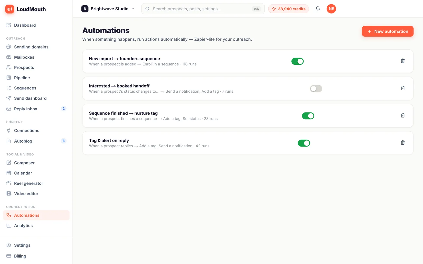 Automations list with triggers, actions, run counts and toggles