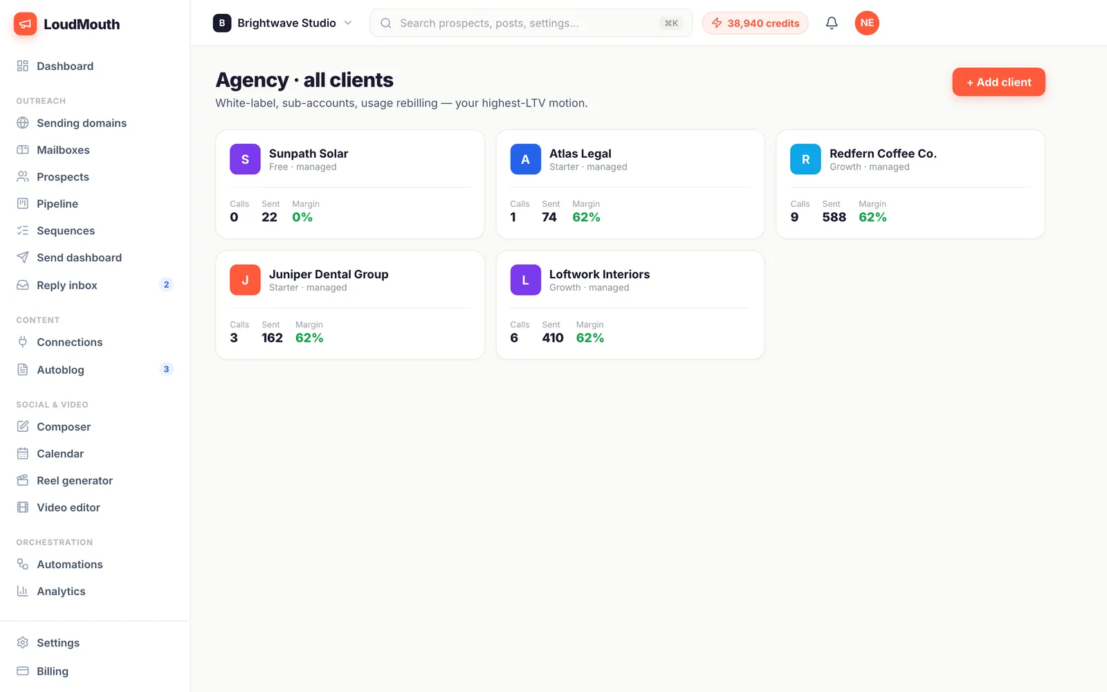 Agency page with client workspace cards showing calls, sends and margin