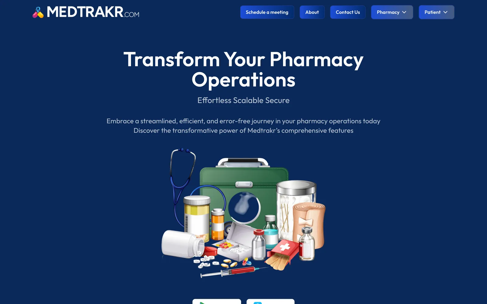 Medtrakr home page hero reading Transform Your Pharmacy Operations