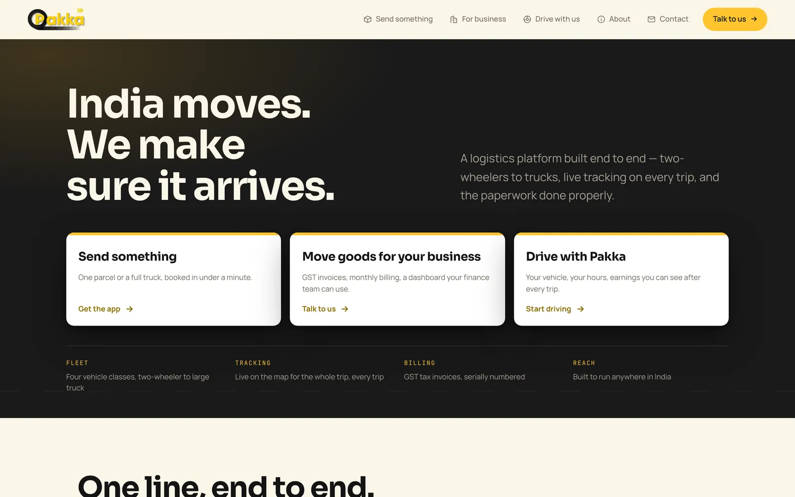 Pakka Logistics home page hero on desktop