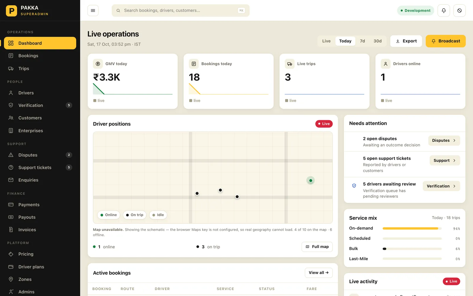 Pakka SuperAdmin dashboard with KPI cards, driver position schematic, needs-attention list and live activity feed
