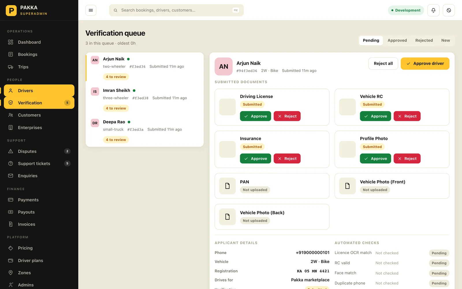 Verification queue with a selected applicant and per-document approve and reject buttons