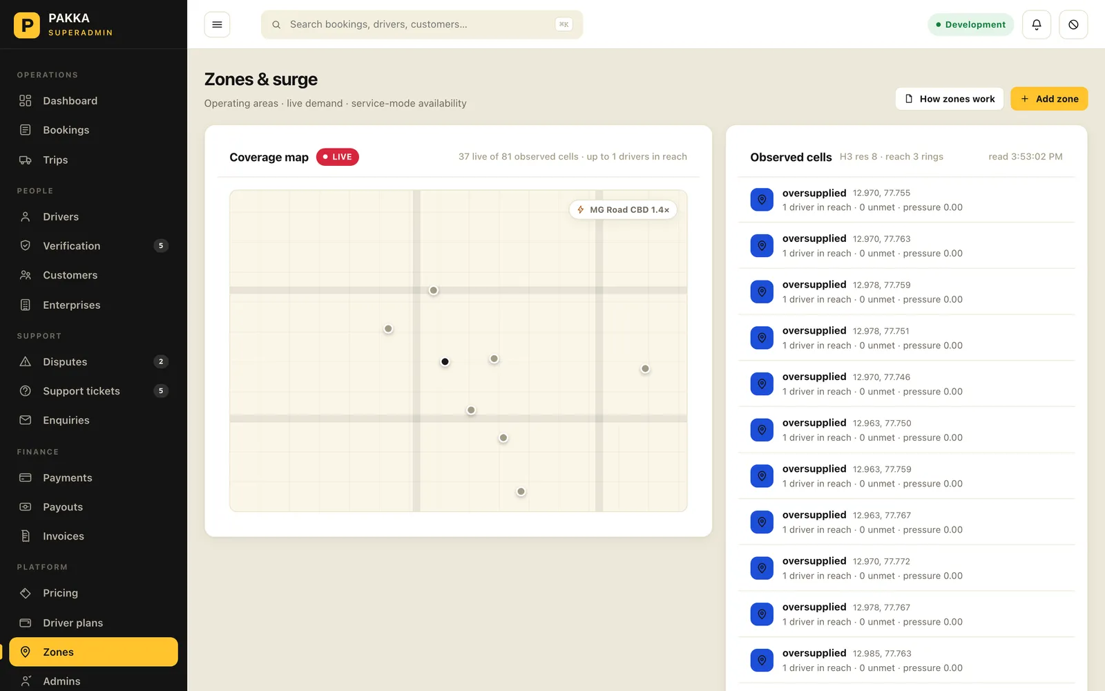 Zones and surge page with coverage schematic, observed H3 cells and zone list