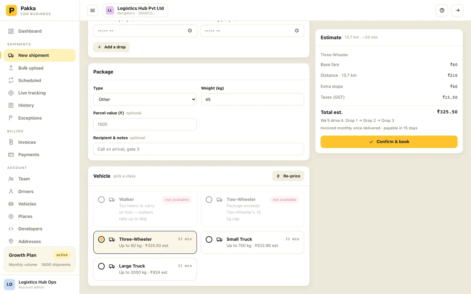 New shipment form in multi-drop mode with priced vehicle options and estimate panel