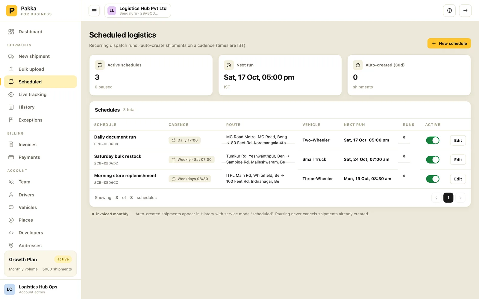 Scheduled logistics page with three recurring dispatch schedules