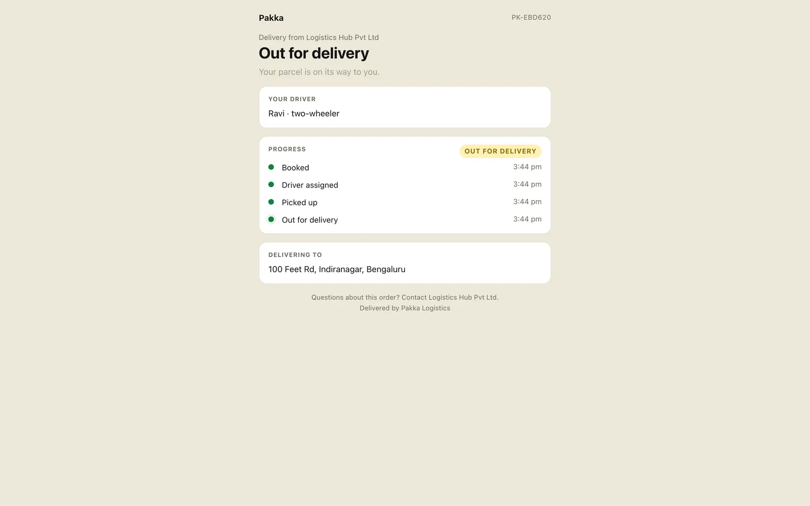 Public tracking page for an in-transit delivery