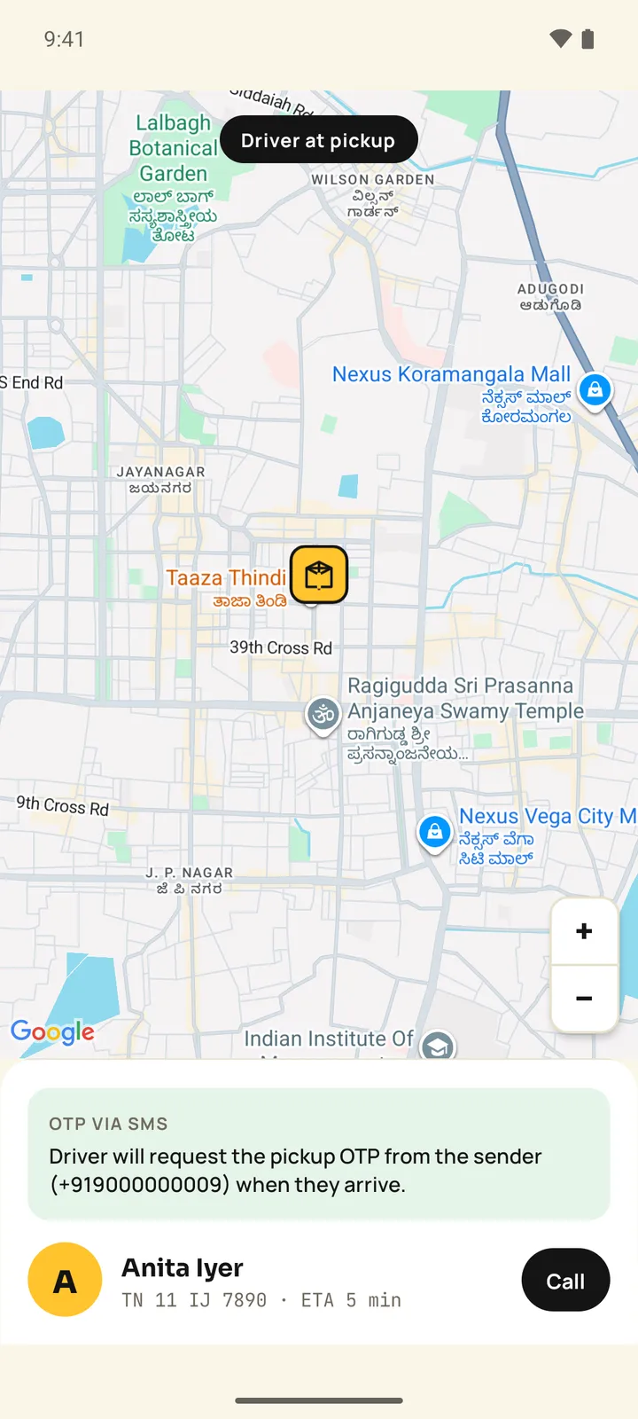 Pakka customer app showing Driver at pickup on a map, an OTP via SMS hint naming the sender's phone, and the driver card