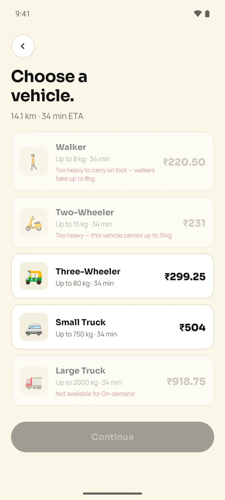 Pakka vehicle picker listing Walker, Two-Wheeler, Three-Wheeler, Small Truck and Large Truck with prices and reasons on the unavailable ones