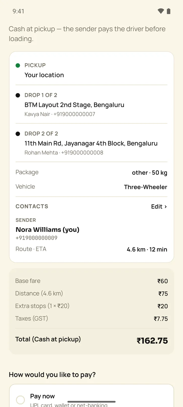 Pakka review screen with pickup, Drop 1 of 2 and Drop 2 of 2 with recipients, package and vehicle, and a fare breakdown including extra stops