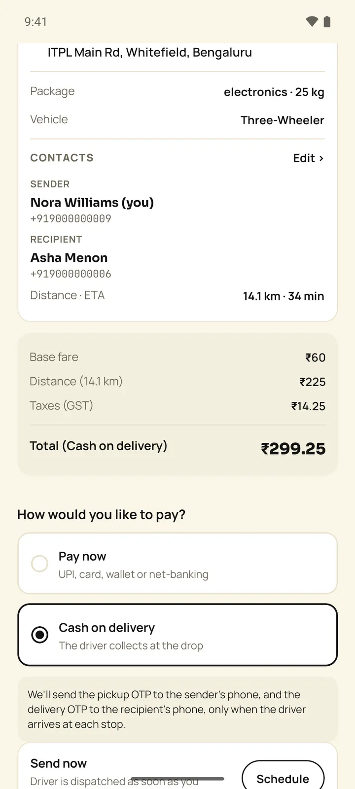 Pakka review and confirm screen with contacts, a fare breakdown with GST, Pay now and Cash on delivery options, and a note about OTP timing