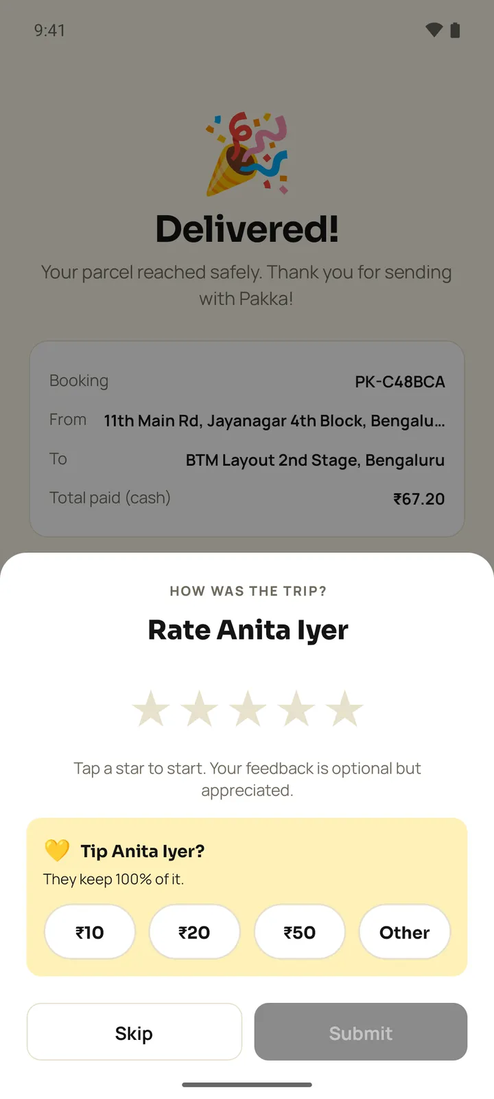 Pakka Delivered screen with booking summary and a sheet to rate the driver and add a tip of 10, 20, 50 rupees or another amount